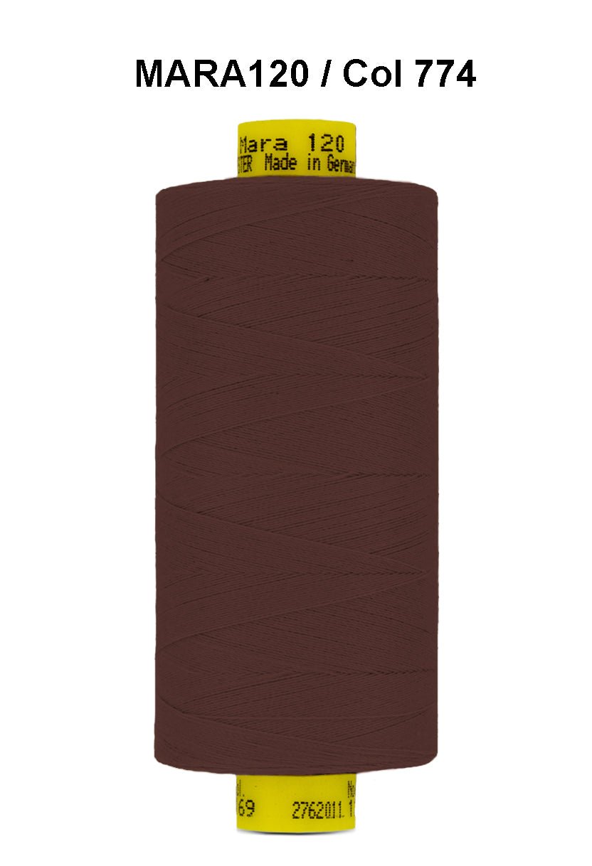 Brown Gutermann Mara 120 polyester thread on a spool.