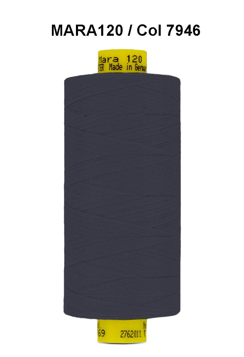 Gutermann Mara 120 polyester thread in dark grey.