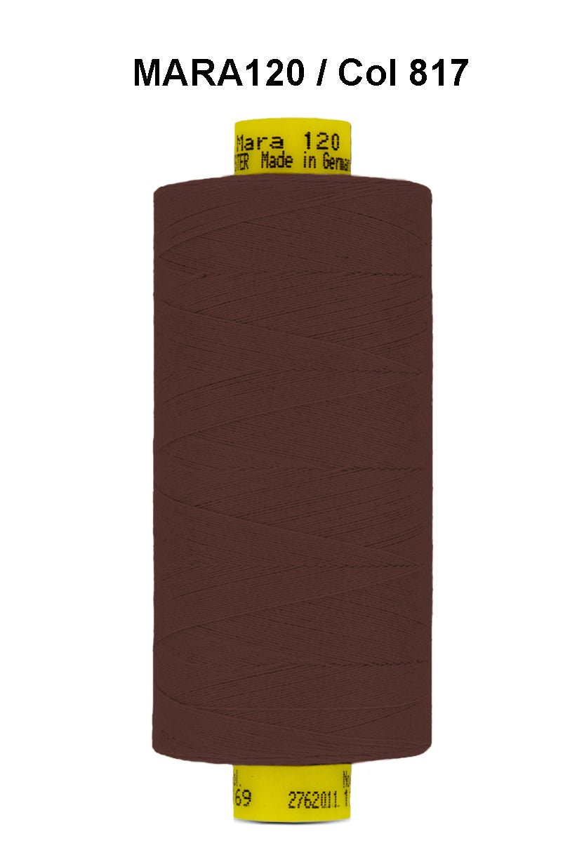 Brown Gutermann Mara 120 polyester thread on a spool.