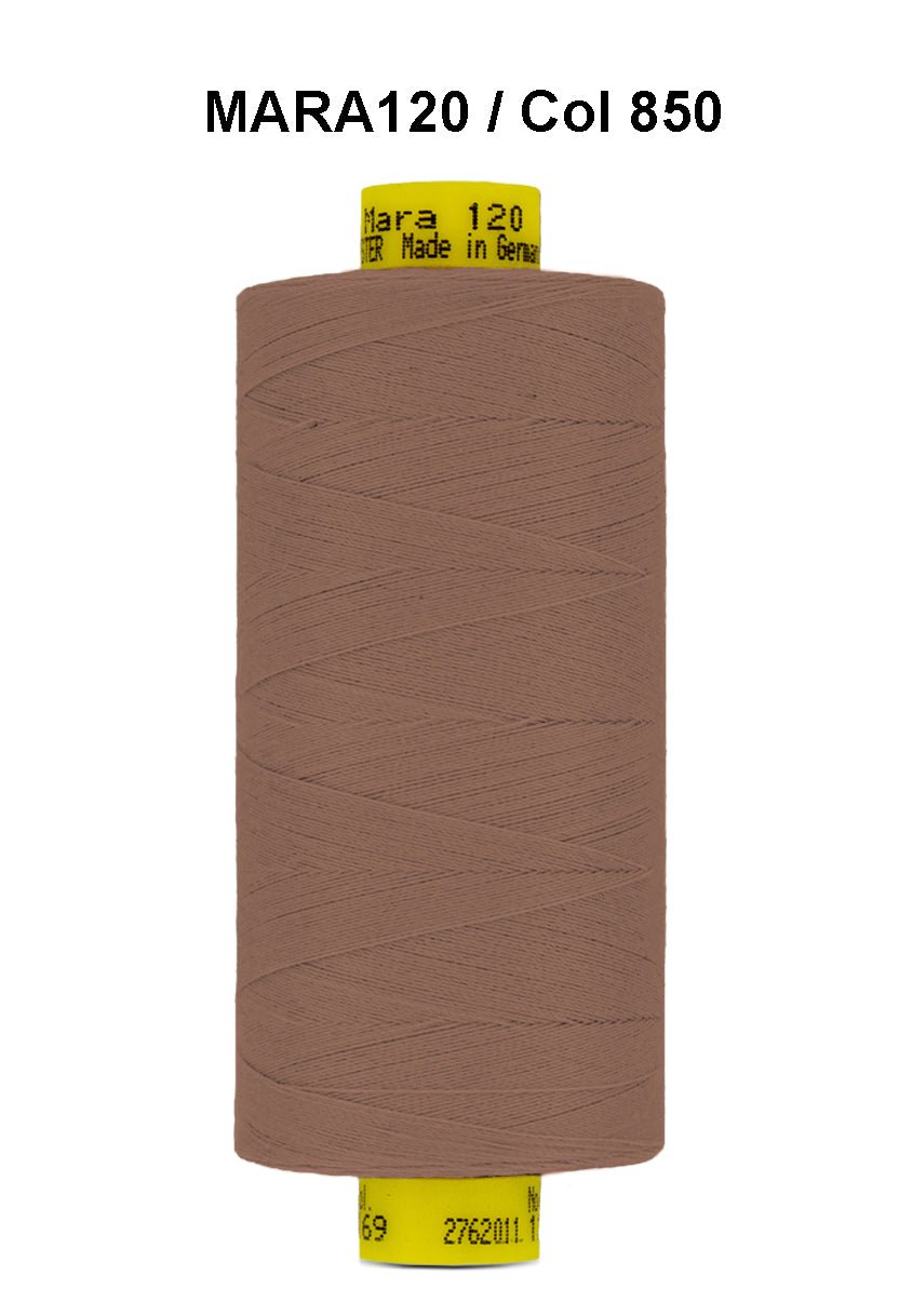 Brown spool of Gutermann Mara 120 thread.