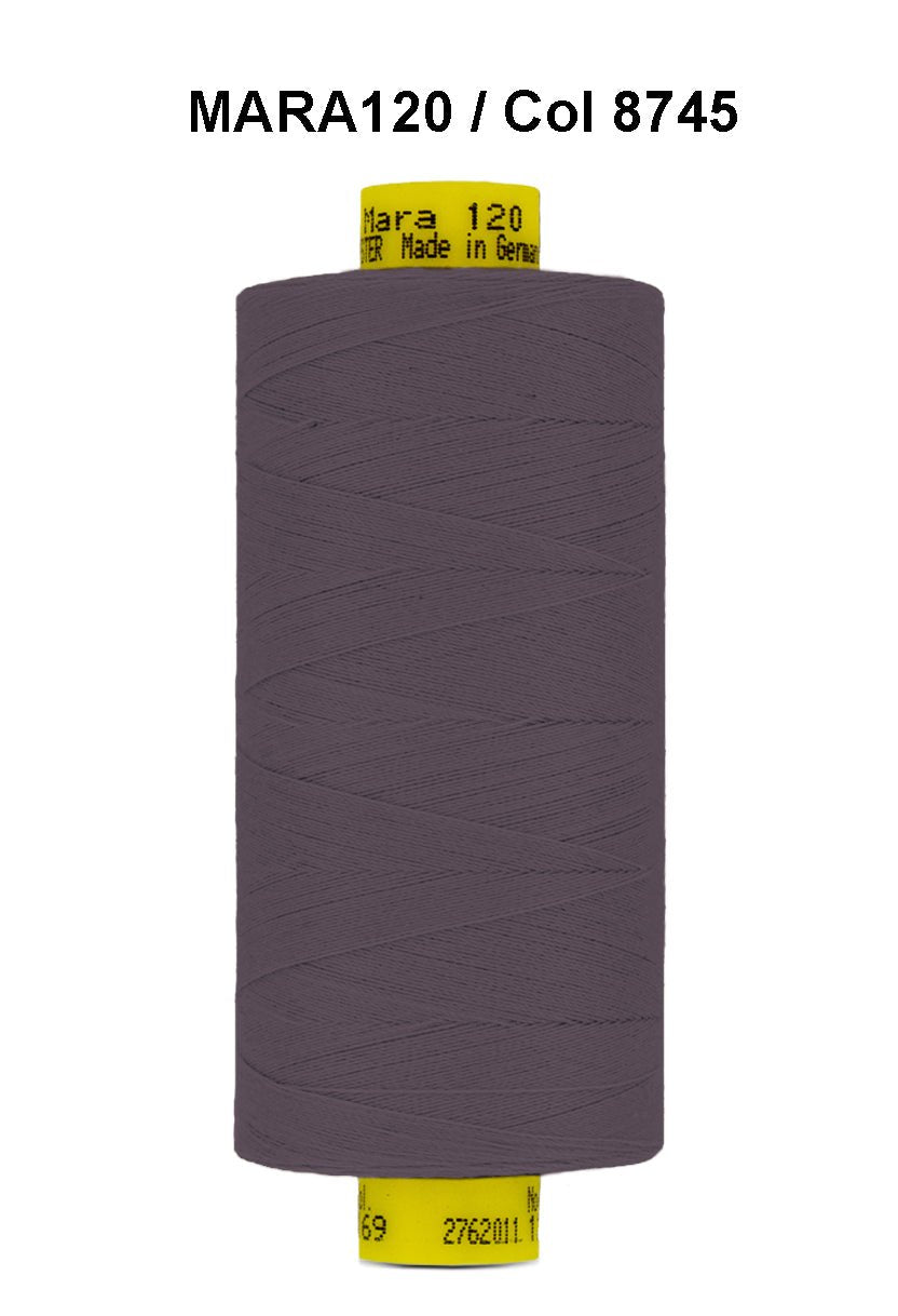 Gutermann Mara 120 thread in a dark grey color on a spool.