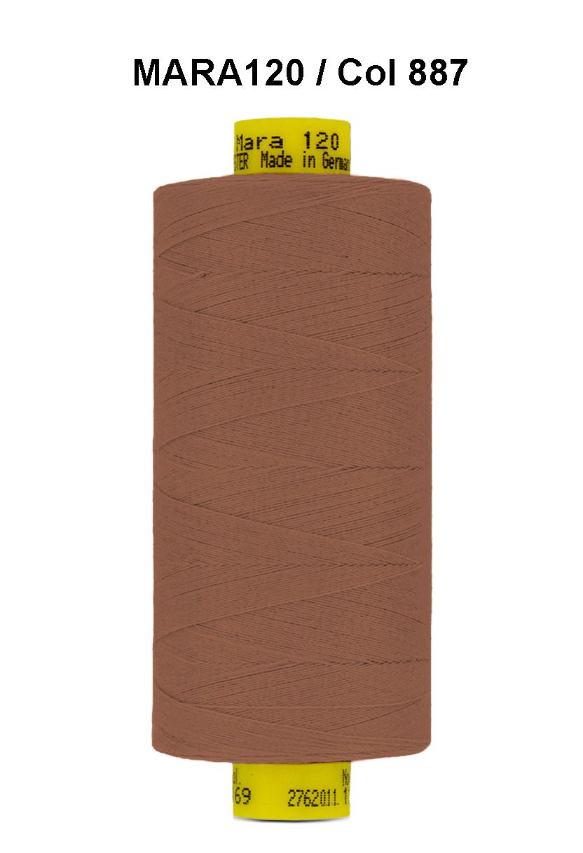 Brown Gutermann Mara 120 thread on a spool.