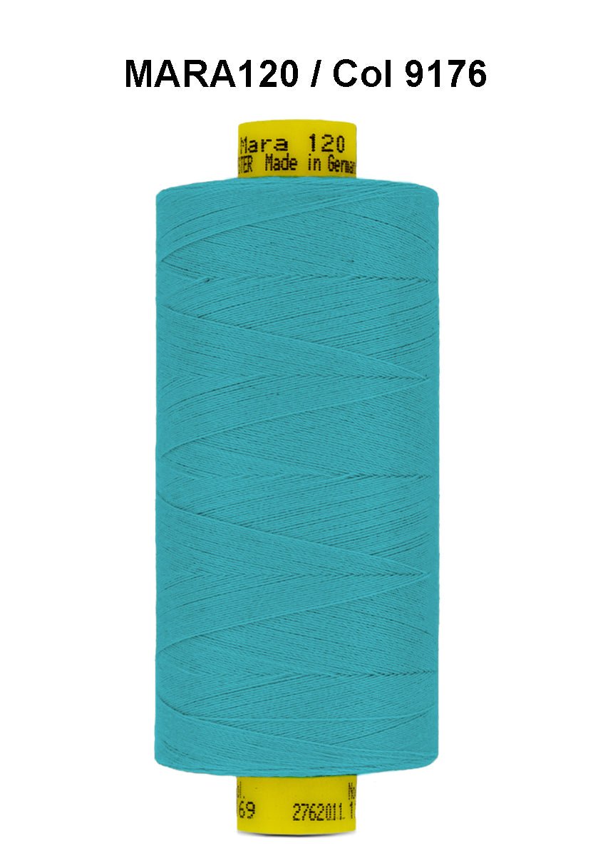 A spool of teal Gutermann Mara 120 thread.
