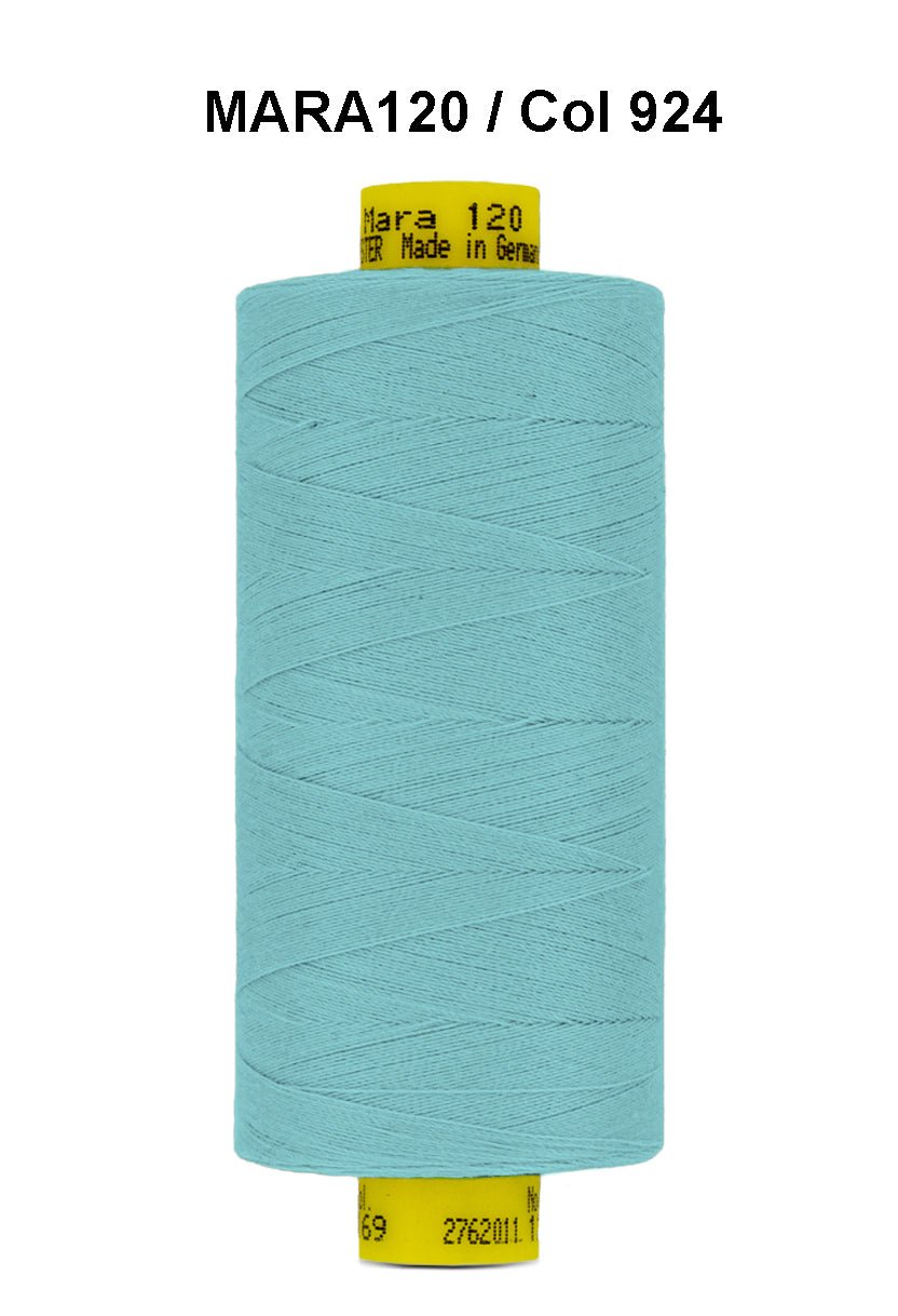 A spool of light blue Gutermann Mara 120 thread.