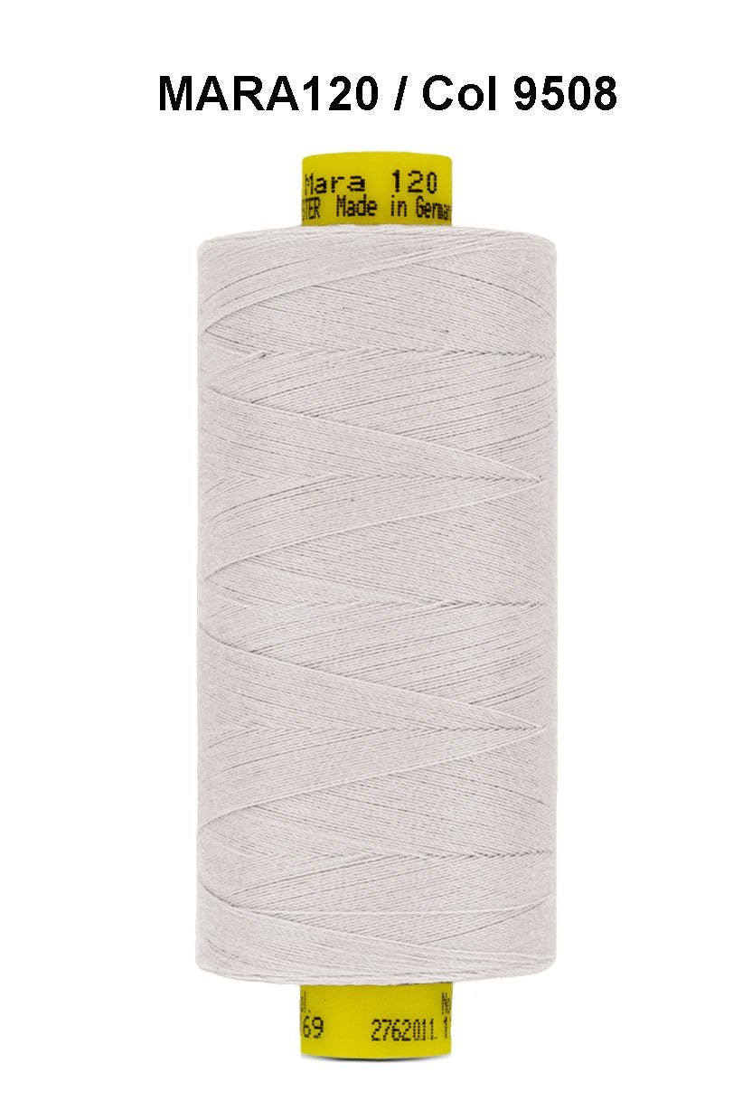 A spool of light grey Gutermann Mara 120 thread.