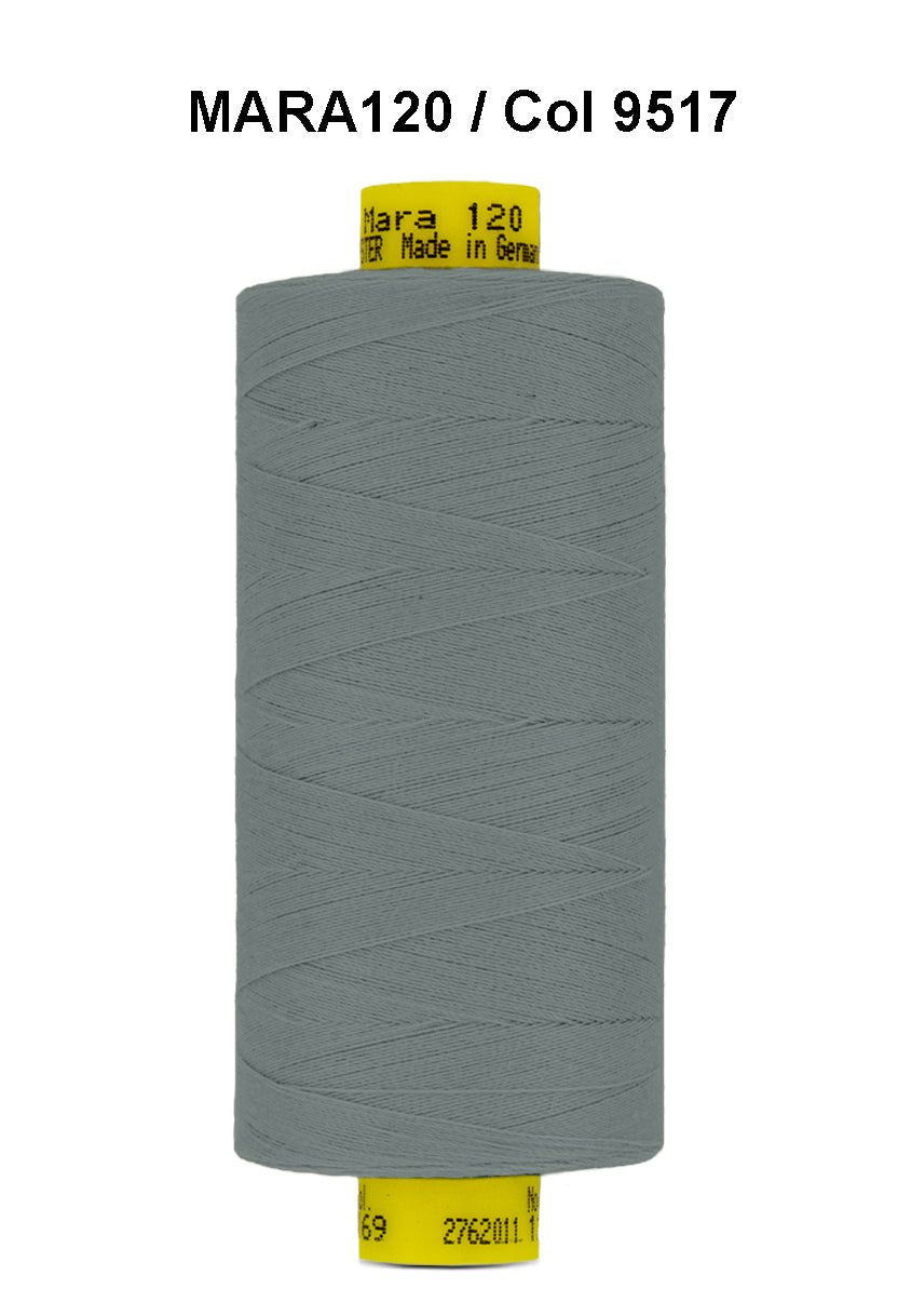 Gutermann Mara 120 grey polyester thread on a spool.