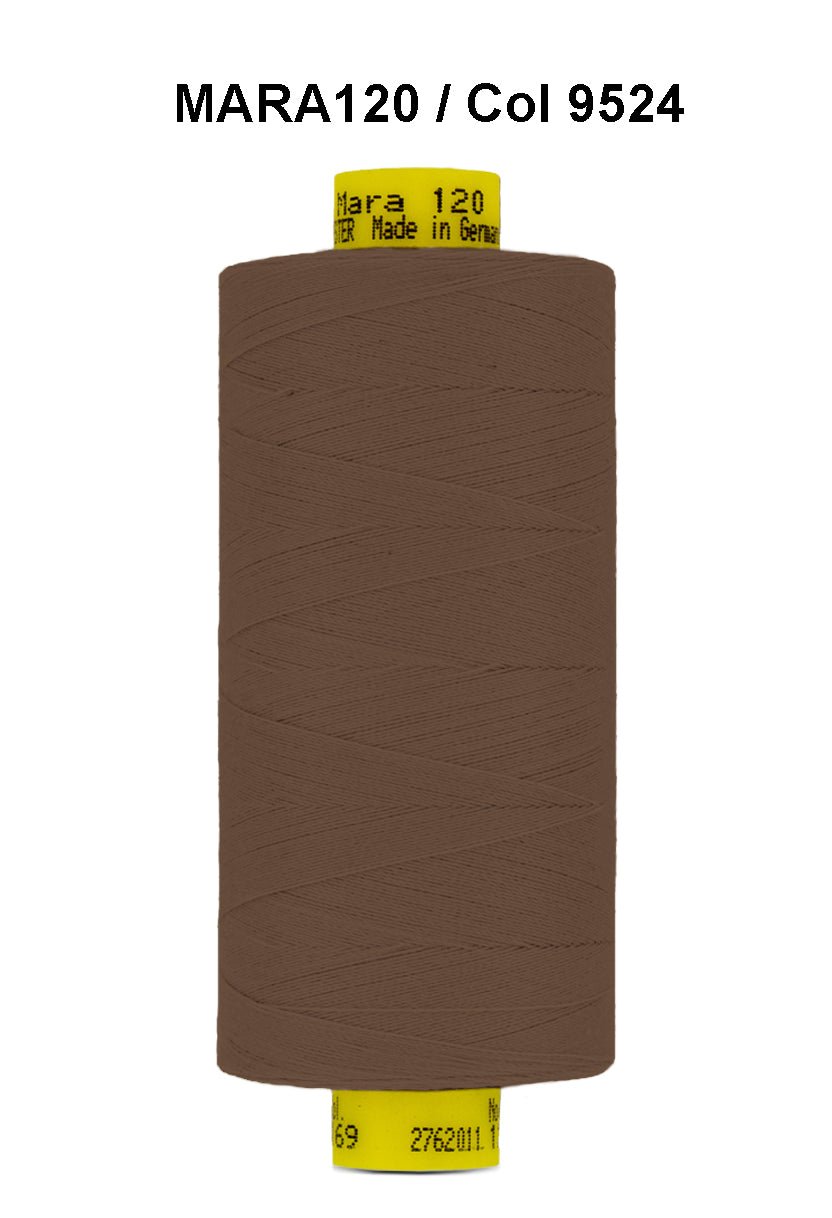 Brown Gutermann Mara 120 polyester thread on a spool.