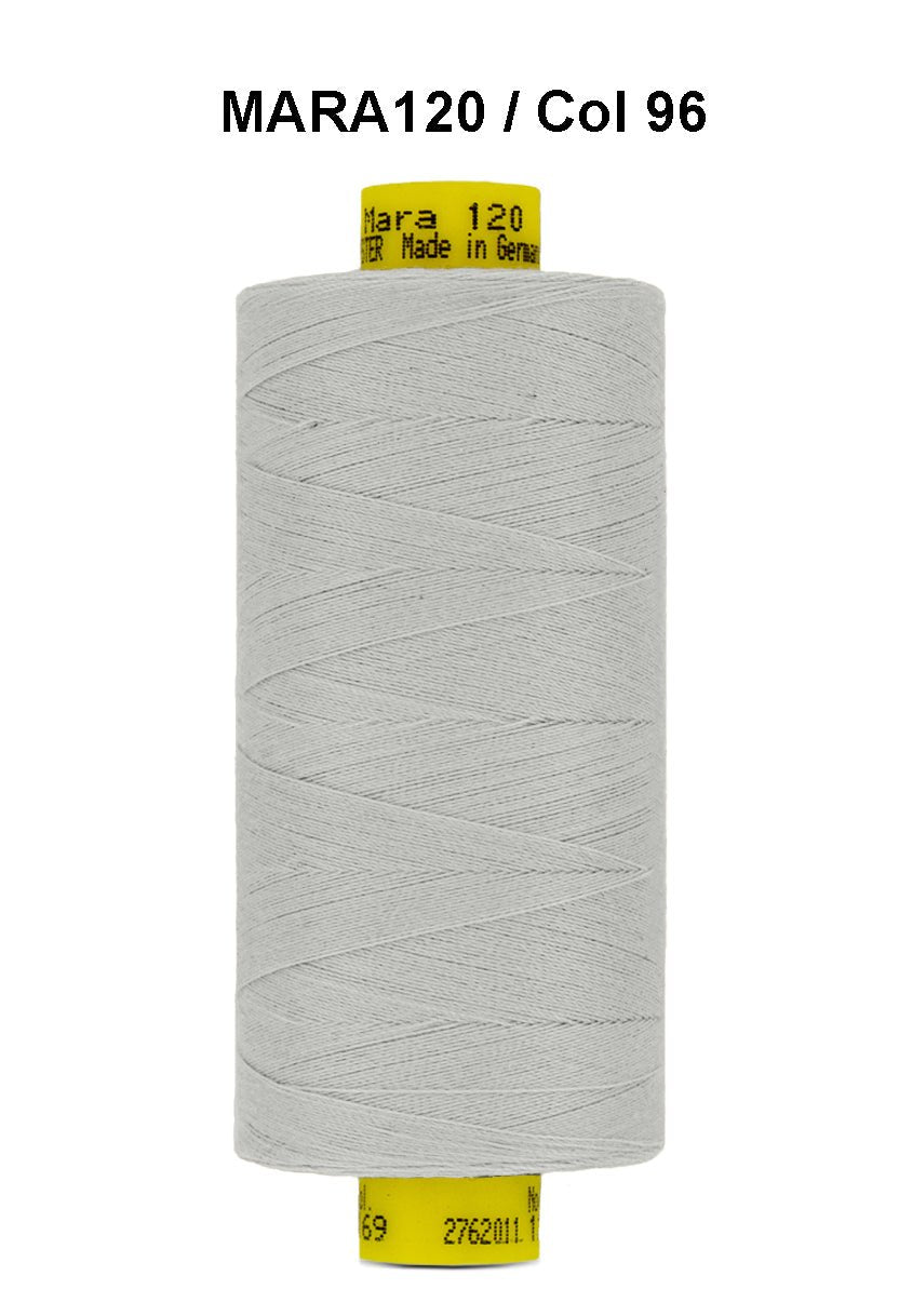 Gutermann Mara 120 thread in light grey on a spool.