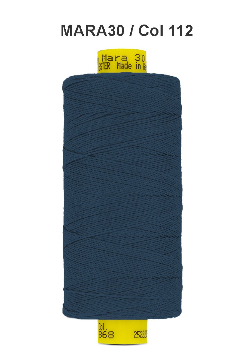 Gutermann Mara 30 polyester thread, color 112, on a spool.