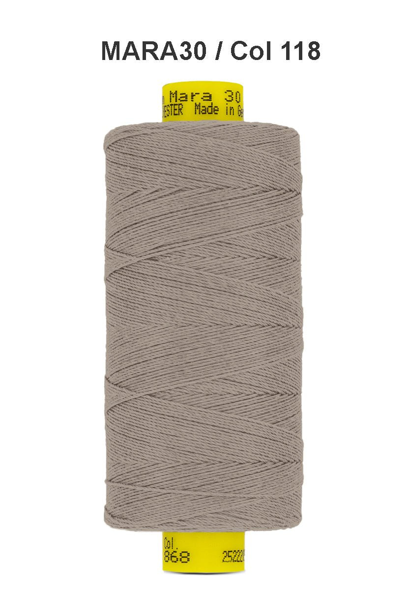 Gutermann Mara 30 polyester thread, color 118, on a spool.