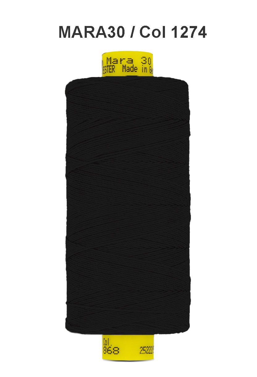 Black Gutermann Mara 30 polyester thread on a spool.