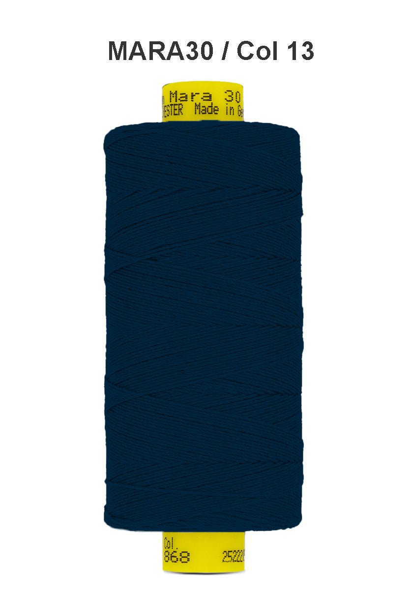Dark blue Gutermann Mara 30 polyester thread on a spool.