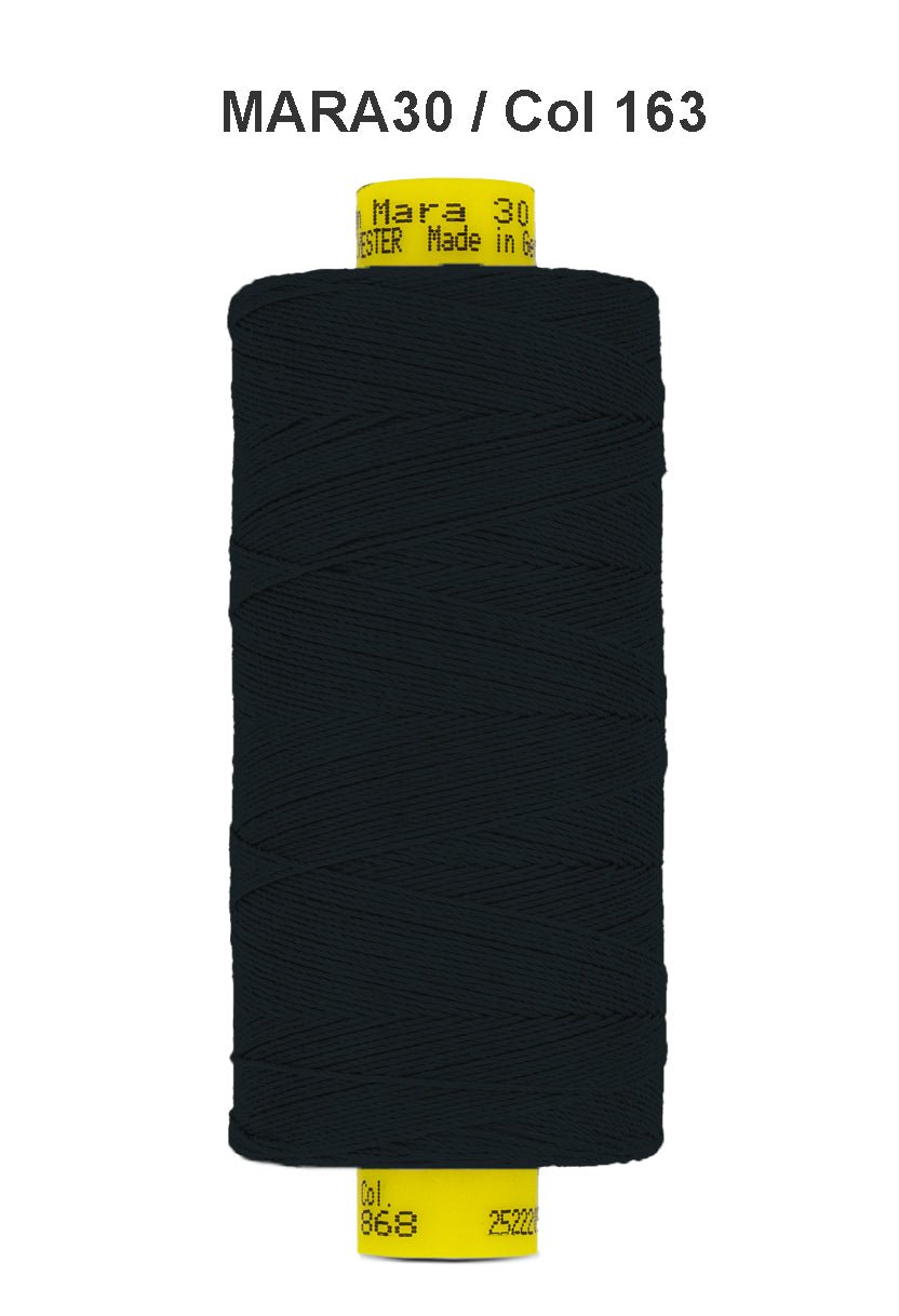 Gutermann Mara 30 black polyester thread on a spool.