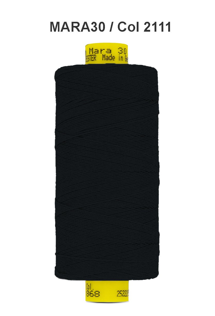 Black Gutermann Mara 30 polyester thread on a spool.