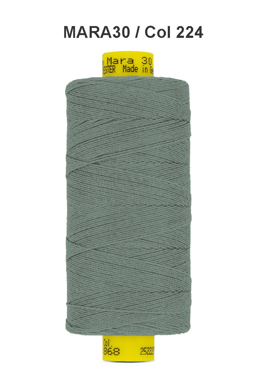 A spool of grey Gutermann Mara 30 polyester thread.