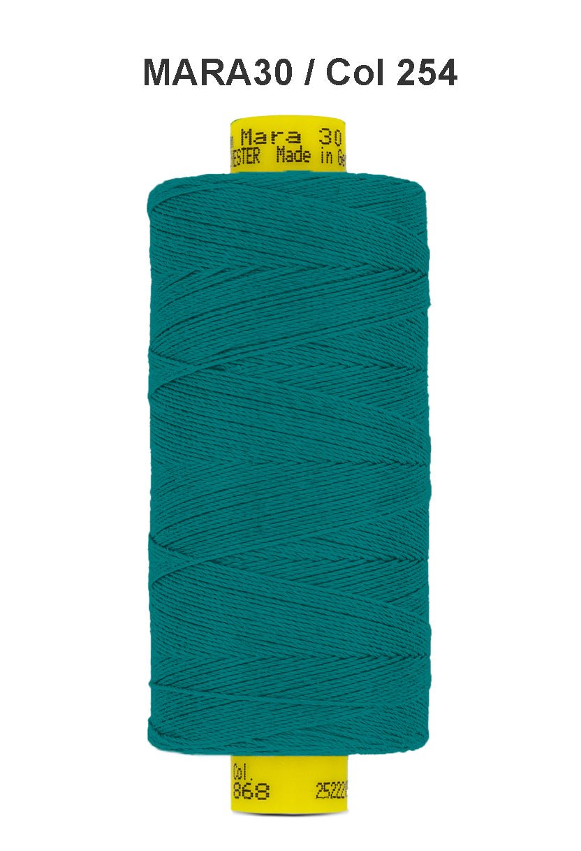 Teal Mara 30 polyester thread on a spool with product information.