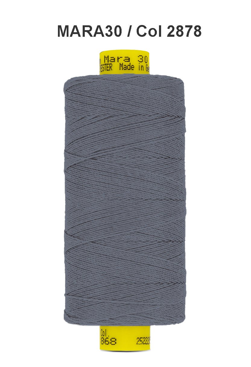 A spool of dark grey Gutermann Mara 30 polyester thread.