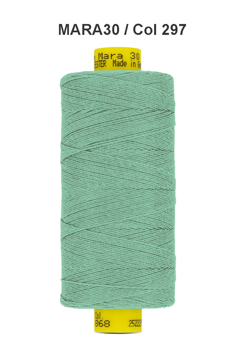 A spool of light green Gutermann Mara 30 polyester thread.