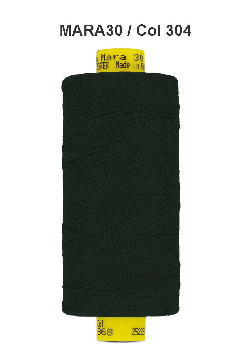 Dark green Gutermann Mara 30 polyester thread on a spool.
