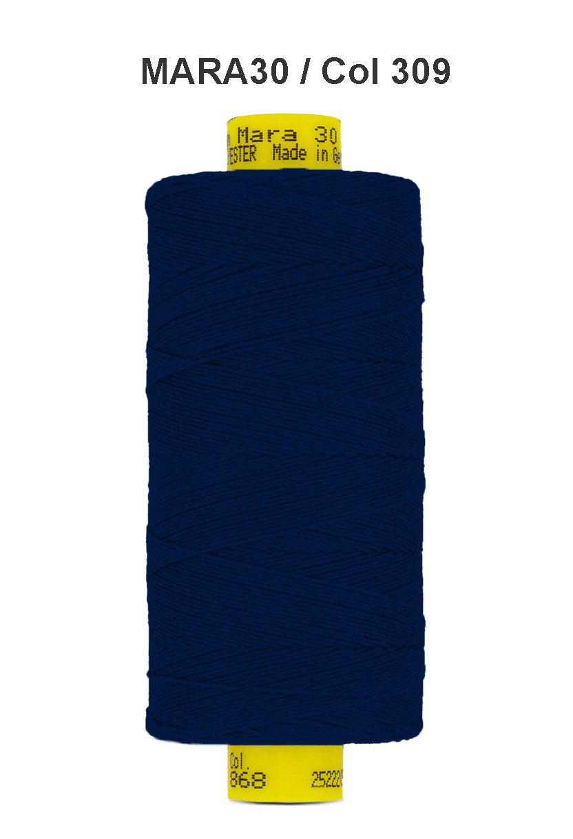 A spool of dark blue Gutermann Mara 30 polyester thread.