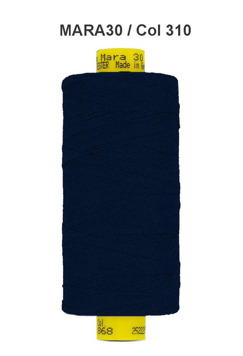 A spool of dark blue Gutermann Mara 30 polyester thread.