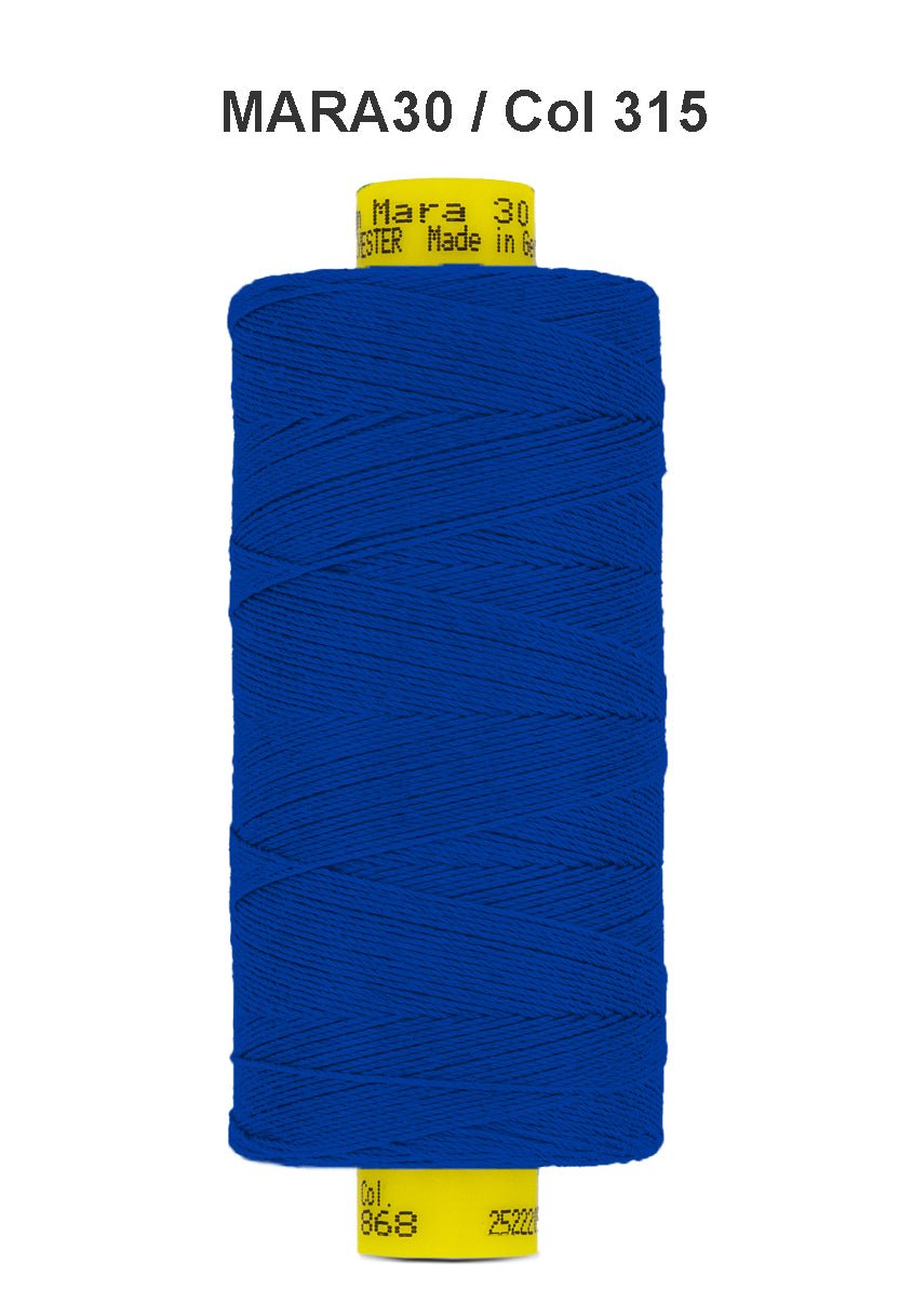 A spool of royal blue Gutermann Mara 30 polyester thread.