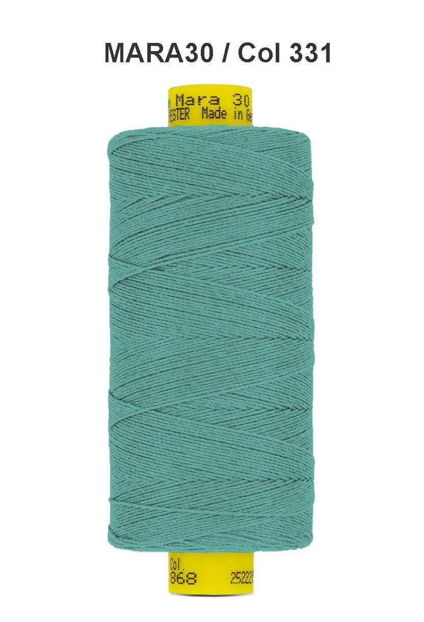 Teal Mara 30 polyester thread on a spool with product information.