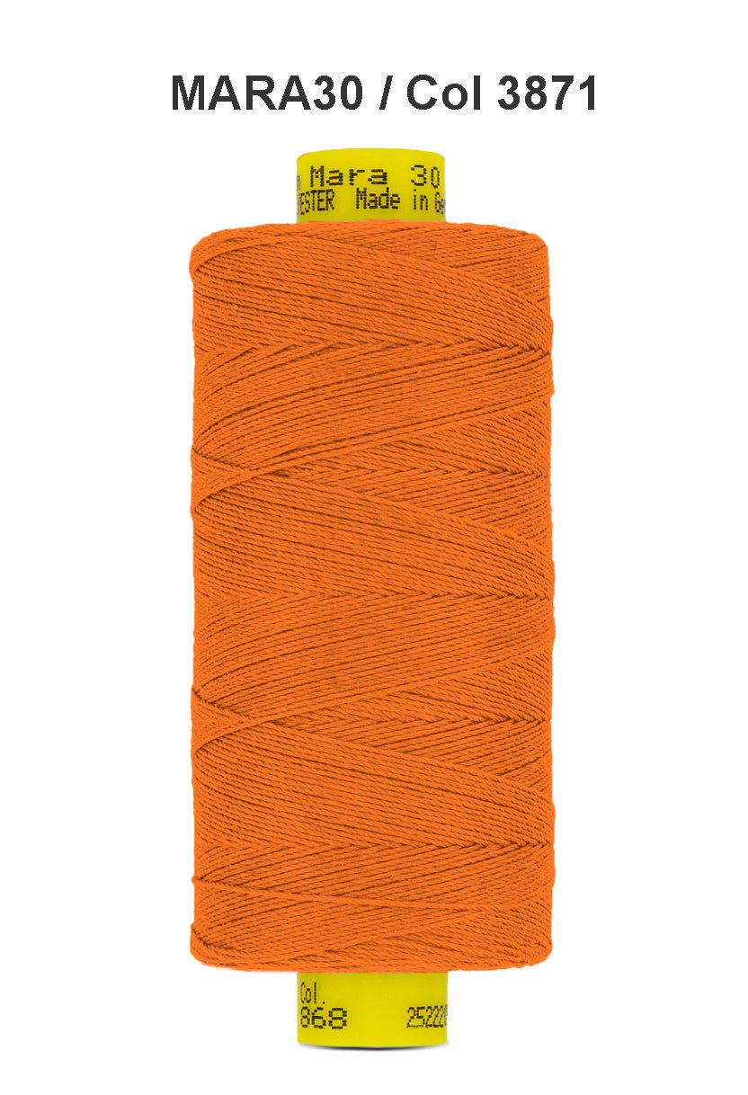 Orange spool of Gutermann Mara 30 polyester thread.