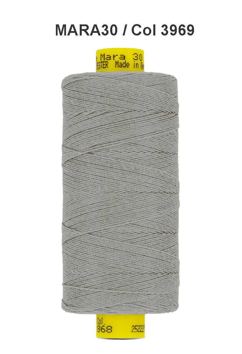 Gutermann Mara 30 polyester thread in grey.