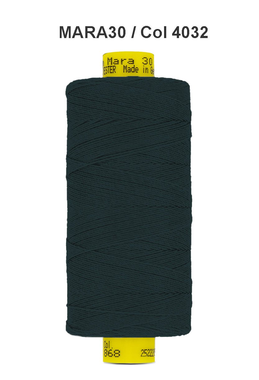 A spool of dark teal Gutermann Mara 30 polyester thread.