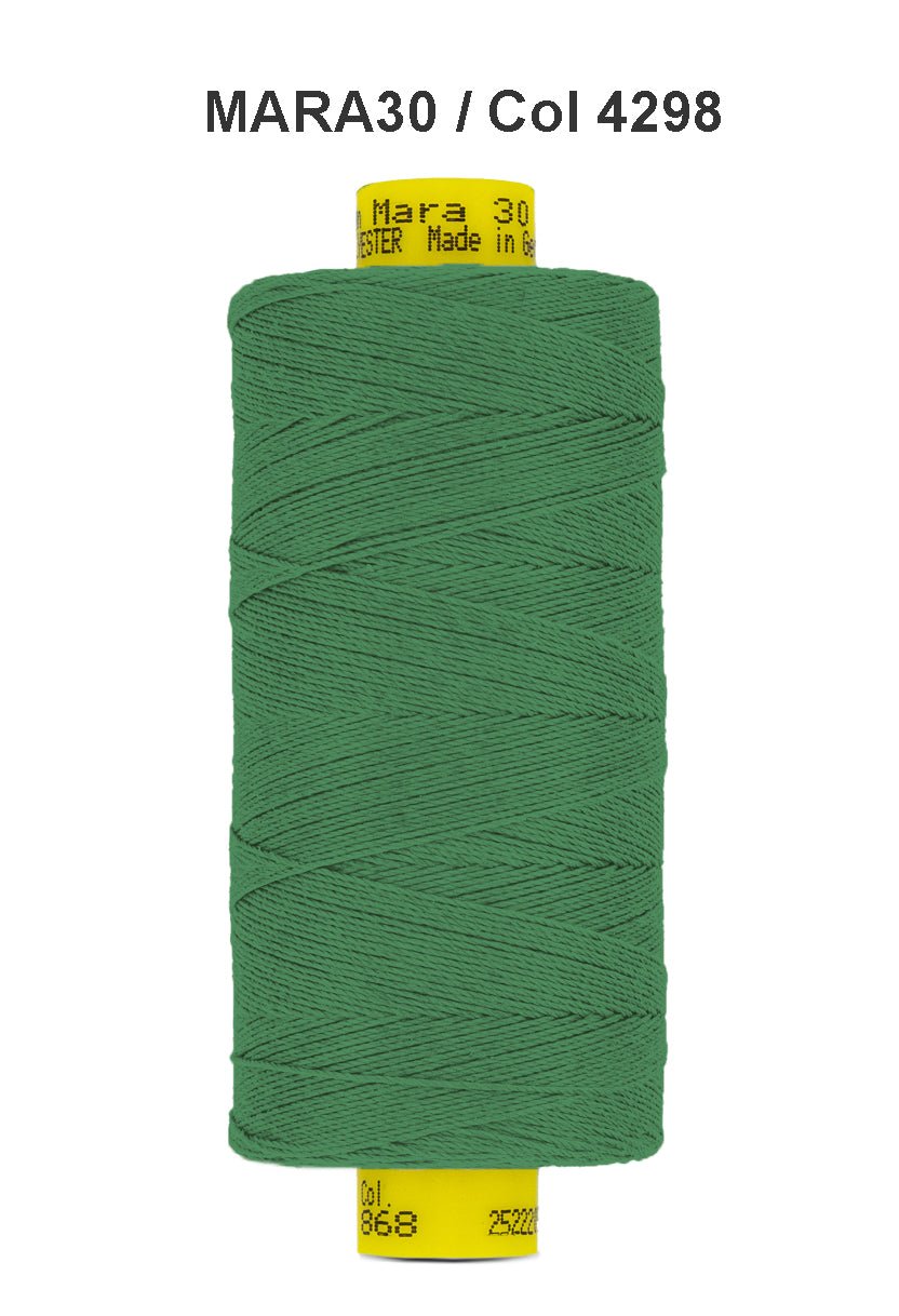 Green spool of Gutermann Mara 30 polyester thread.