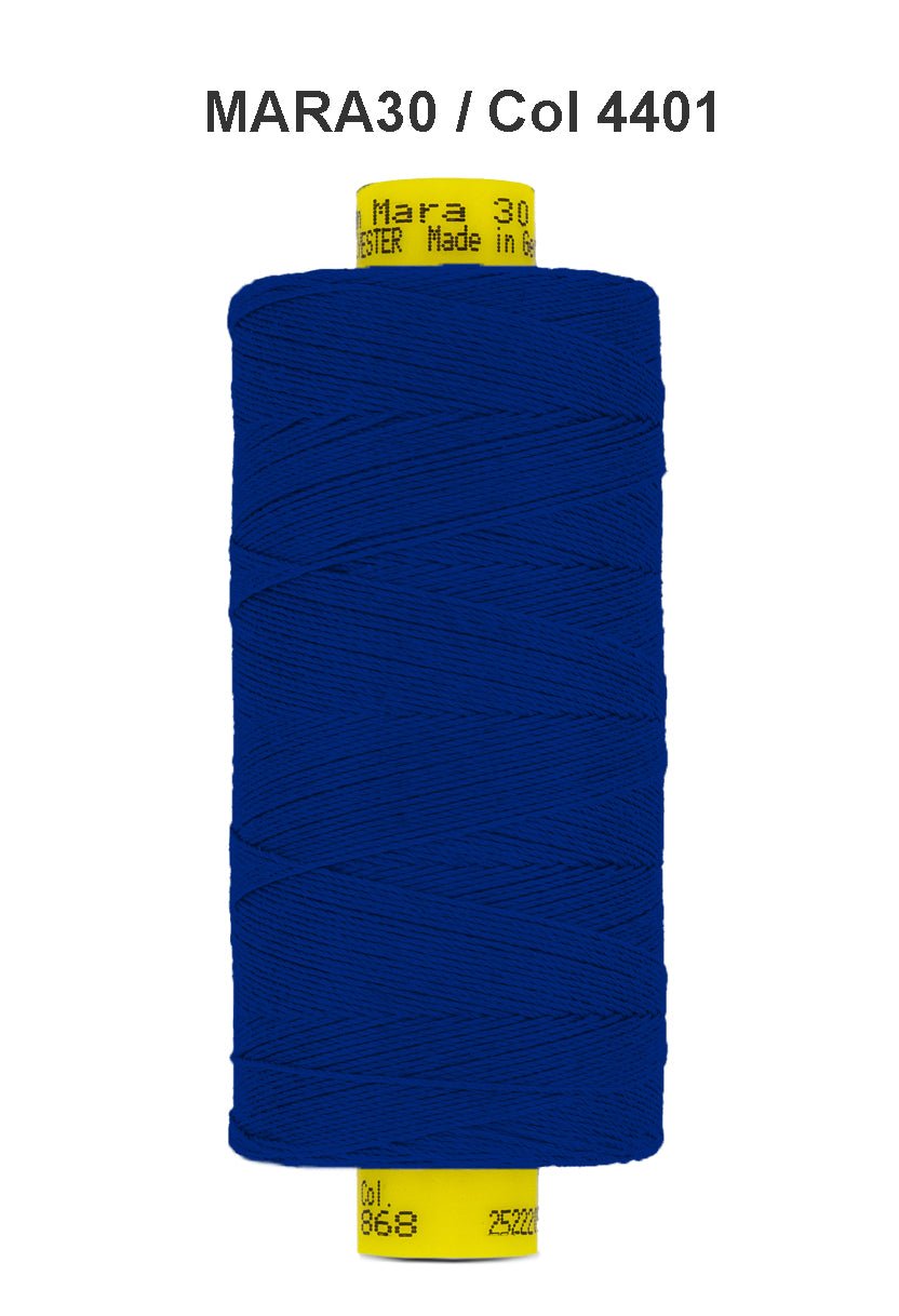 A spool of dark blue Gutermann Mara 30 polyester thread.