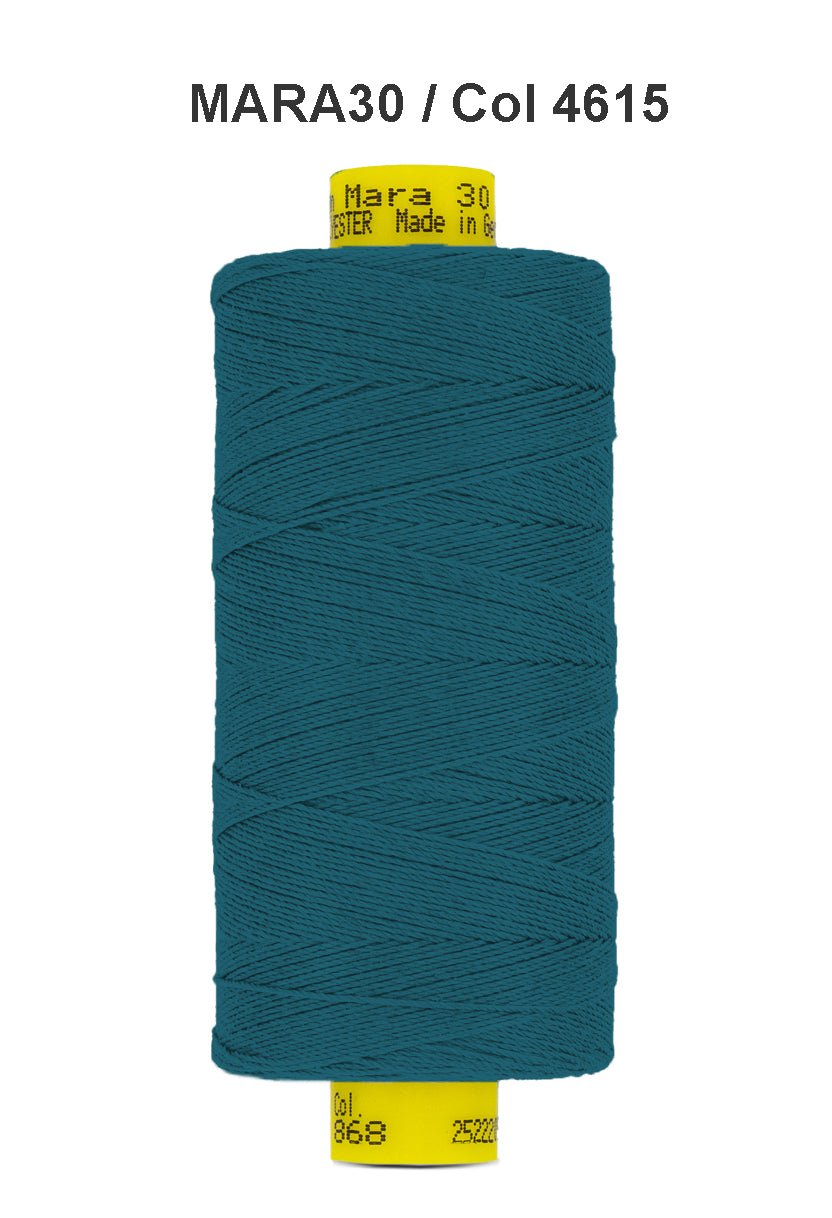 Teal Mara 30 polyester thread on a spool with product information.