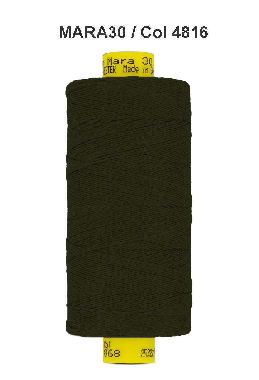 A spool of dark green Gutermann Mara 30 polyester thread.