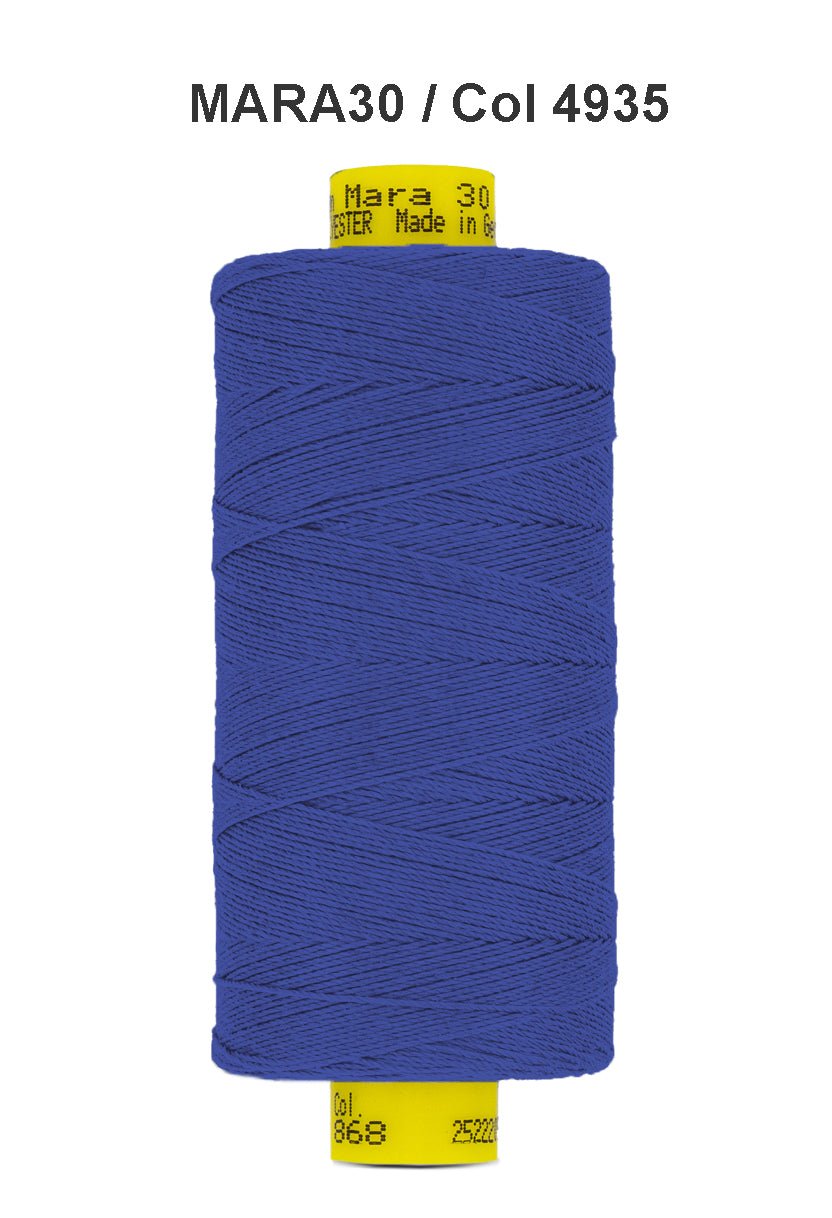 A spool of royal blue Gutermann Mara 30 polyester thread.