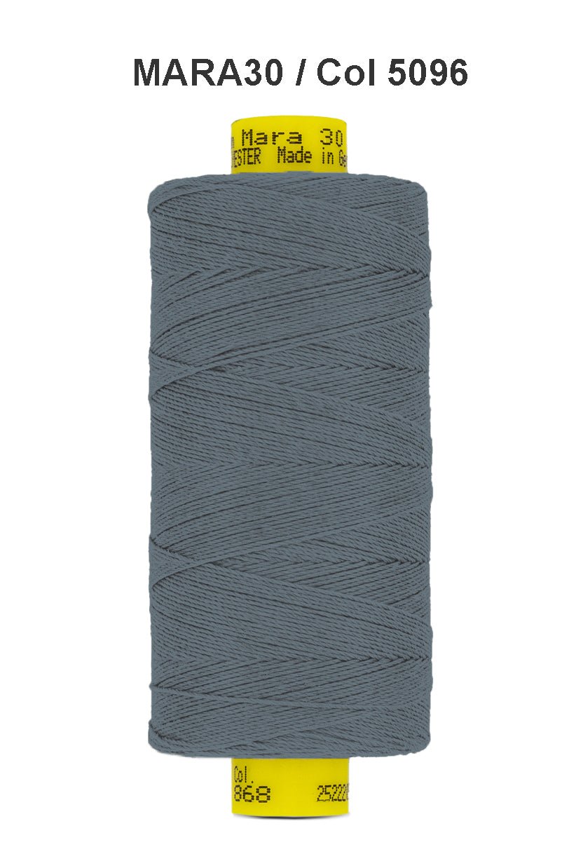 A spool of dark grey Gutermann Mara 30 polyester thread.