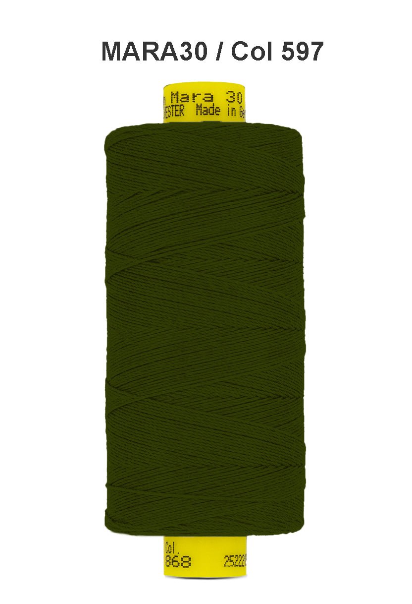 A spool of dark green Gutermann Mara 30 polyester thread.