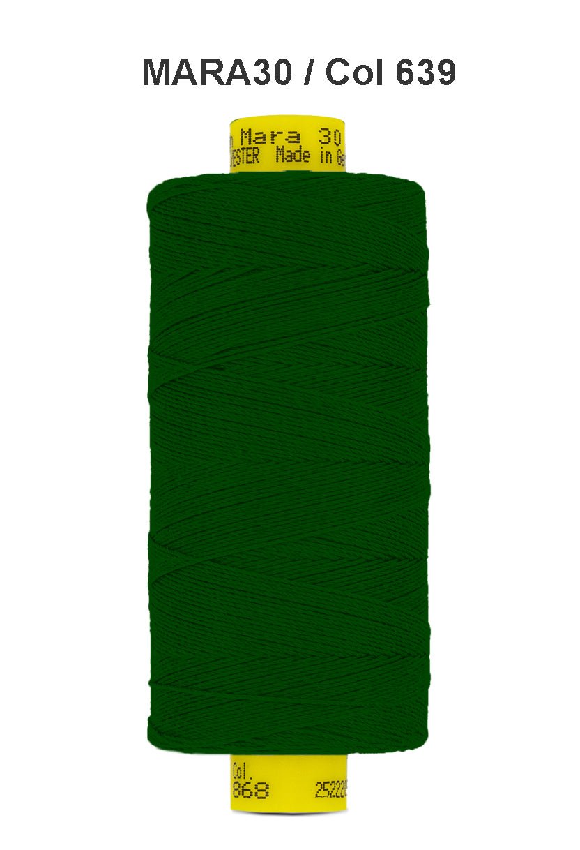 A spool of dark green Gutermann Mara 30 polyester thread.