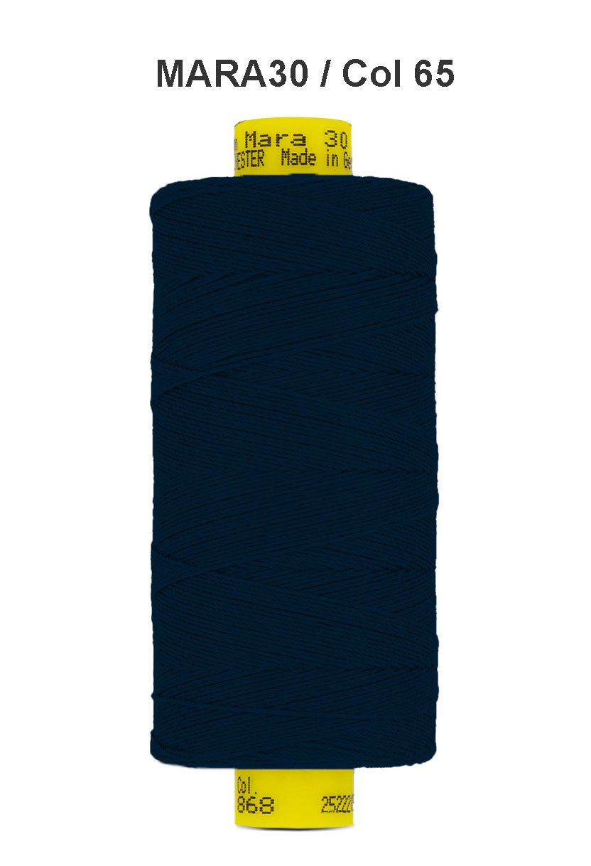 Dark navy blue Gutermann Mara 30 polyester thread on a spool.