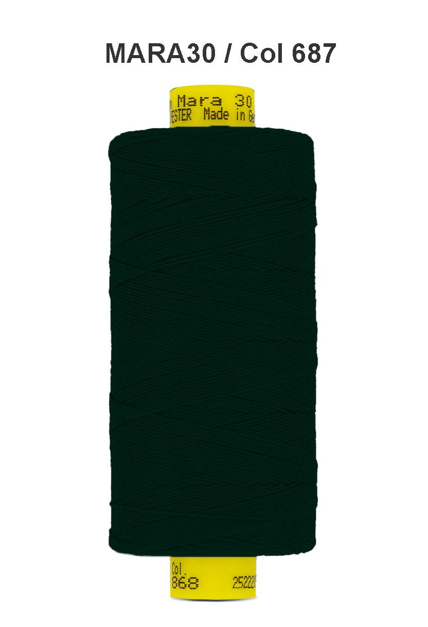 Gutermann Mara 30 polyester thread in dark green.