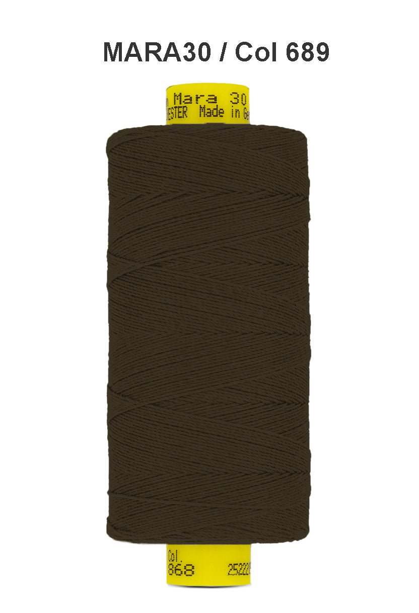 Brown Gutermann Mara 30 polyester sewing thread on a spool.