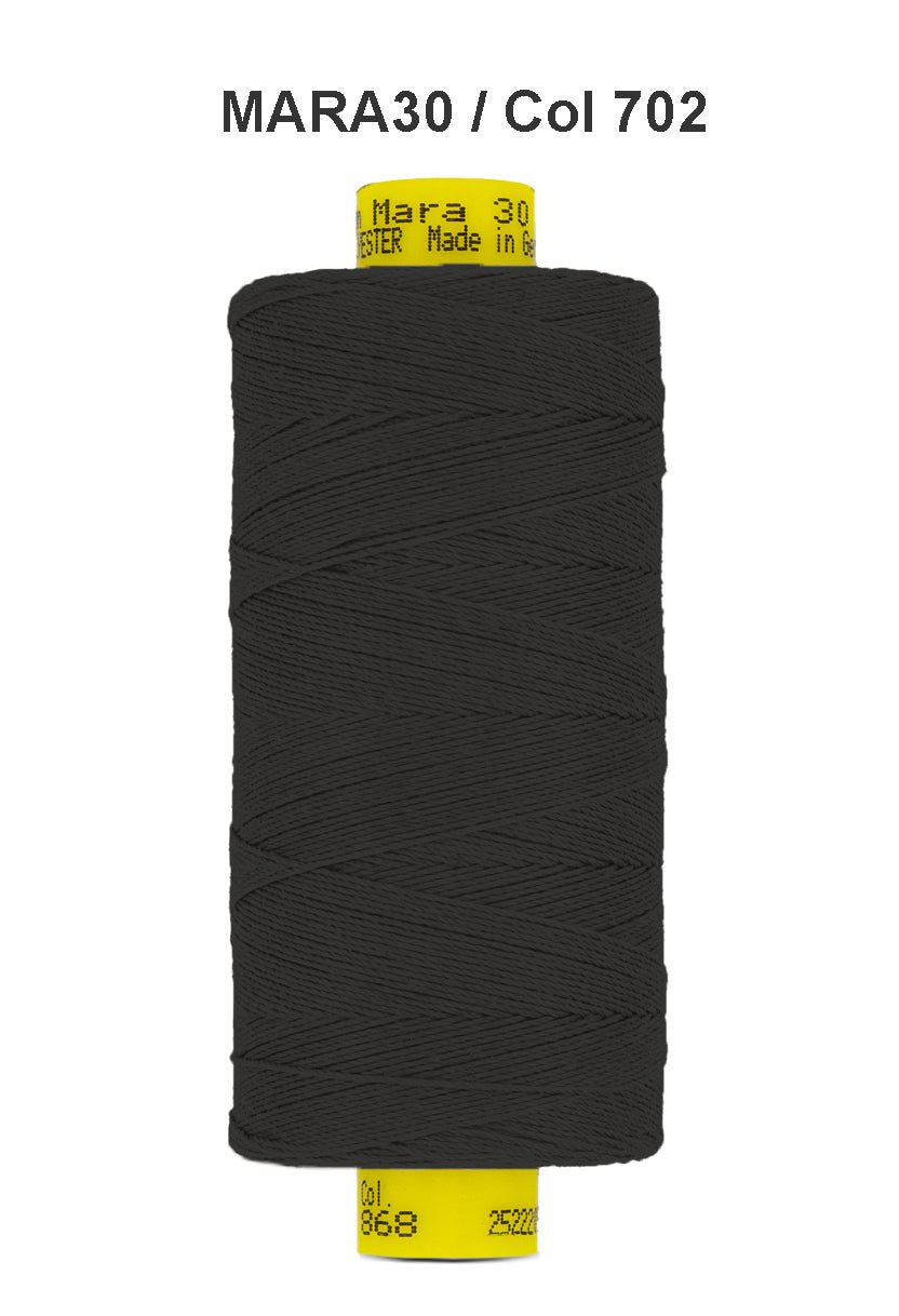 Black Gutermann Mara 30 polyester thread on a spool.