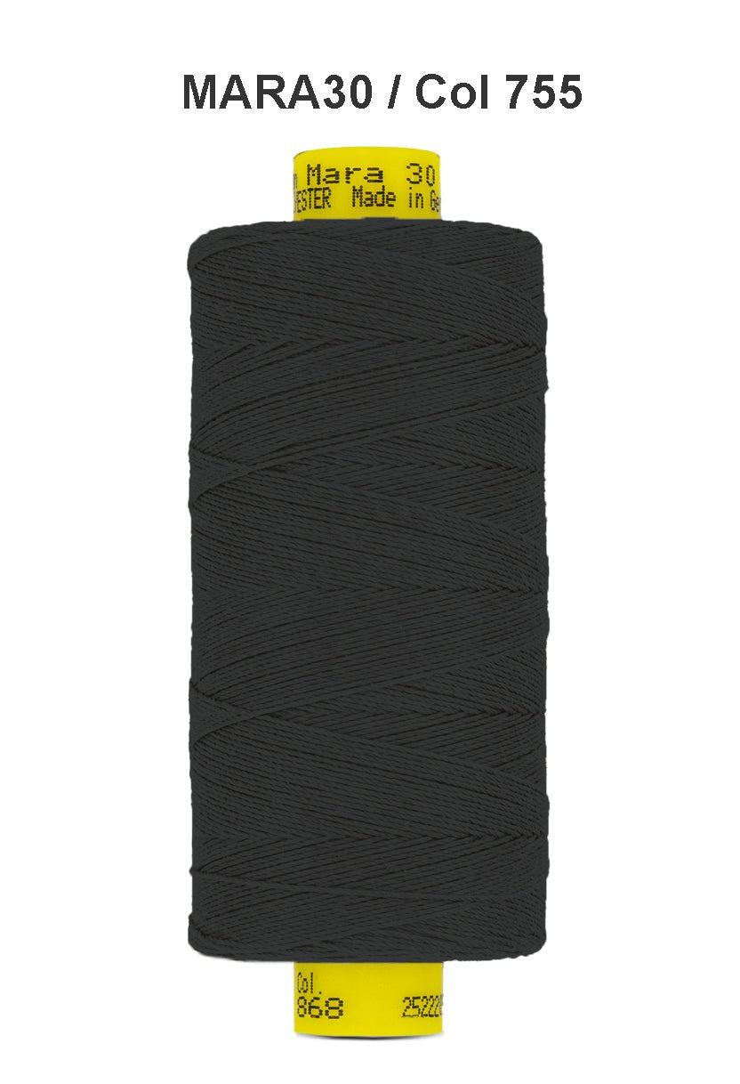 Black Gutermann Mara 30 polyester thread on a spool.