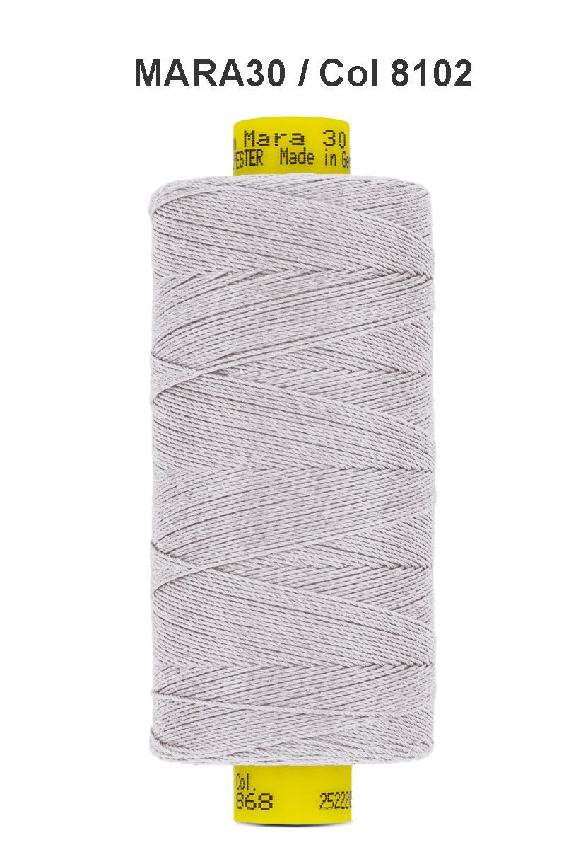 Gutermann Mara 30 polyester thread in light grey.