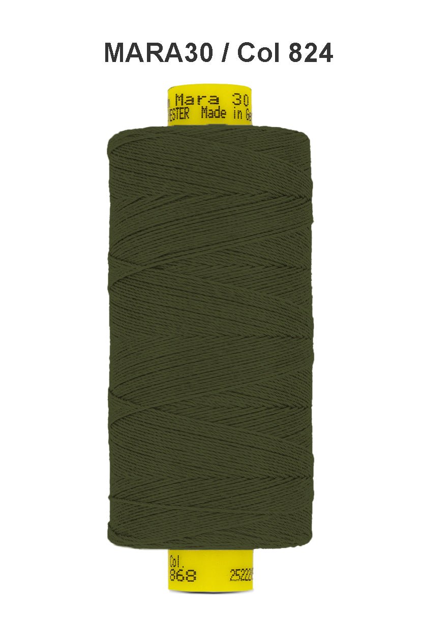 Gutermann Mara 30 polyester thread in dark green.