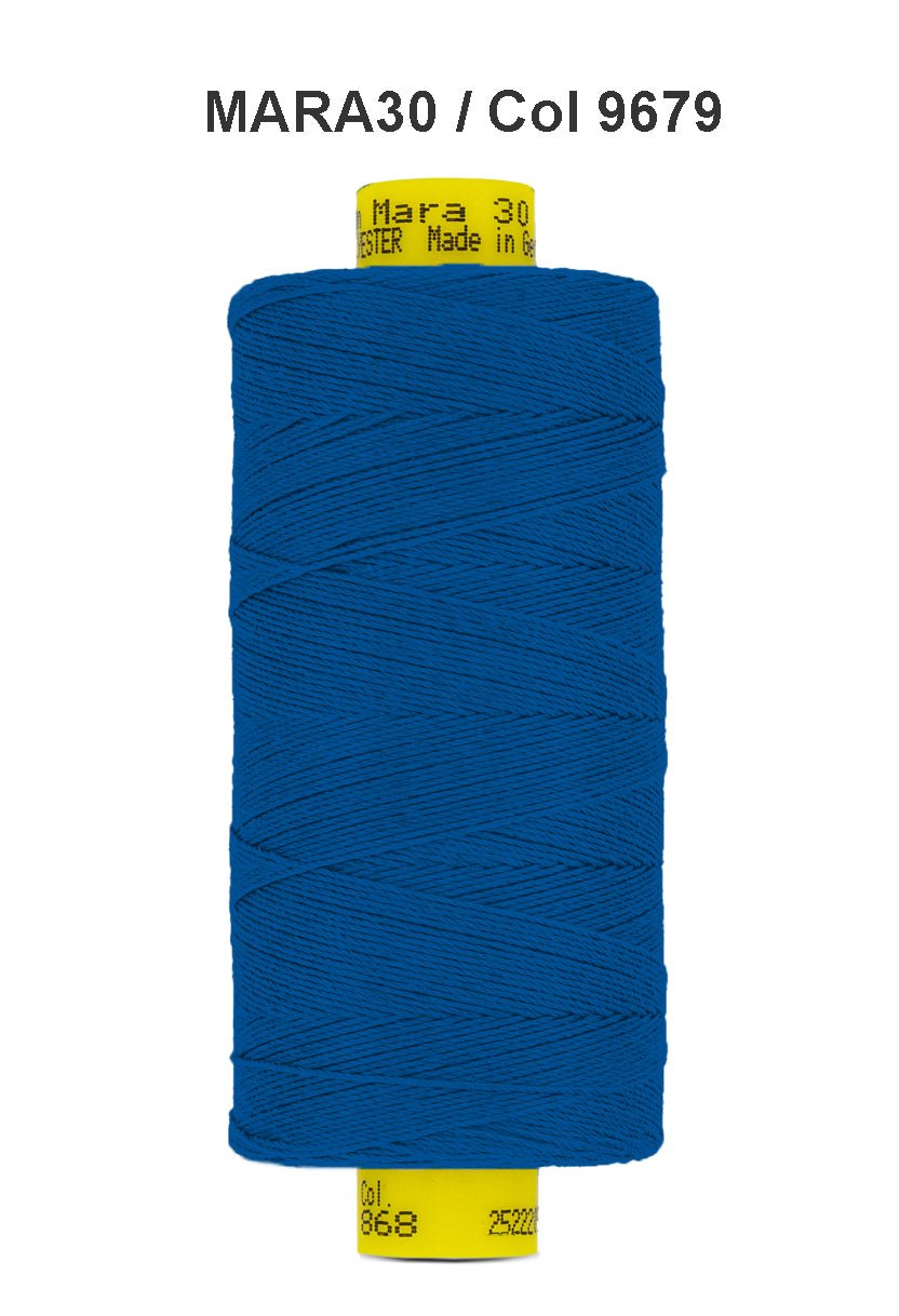 A spool of blue Gutermann Mara 30 polyester thread.