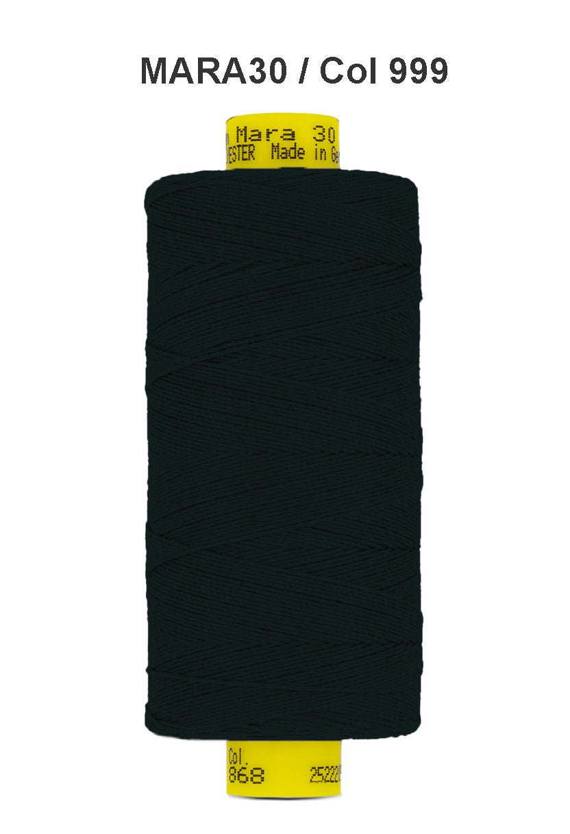 Gutermann Mara 30 black polyester thread on a spool.