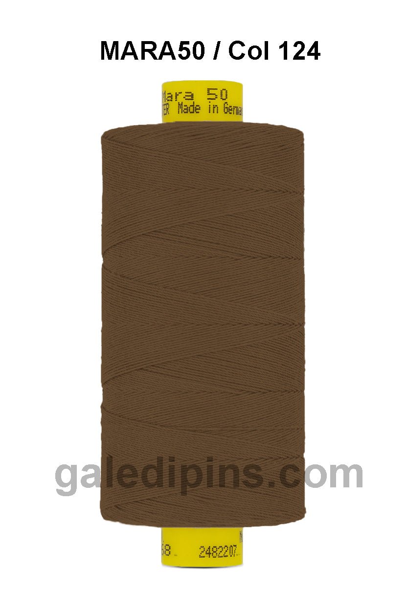 Brown Gutermann Mara 50 polyester sewing thread on a spool.