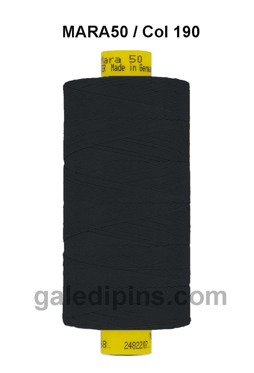 Gutermann Mara 50 black polyester thread on a spool.