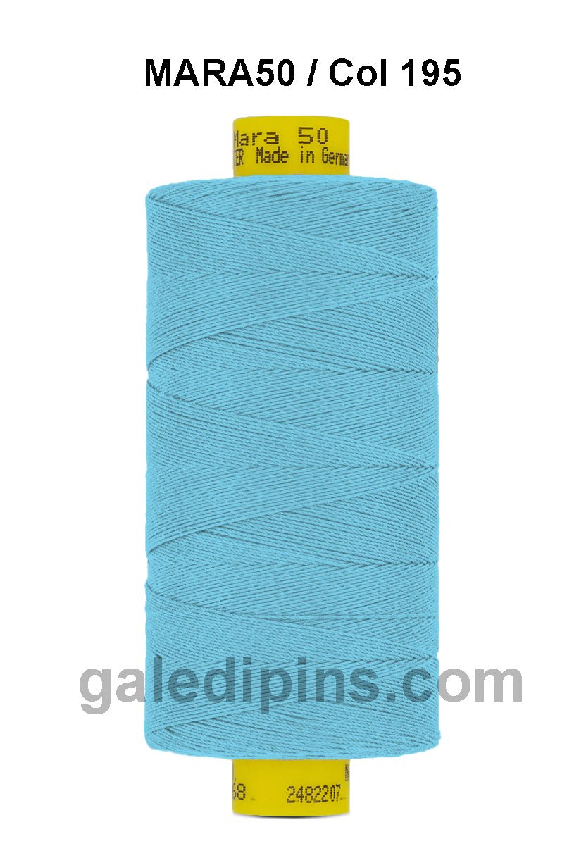 A spool of light blue Gutermann Mara 50 thread.